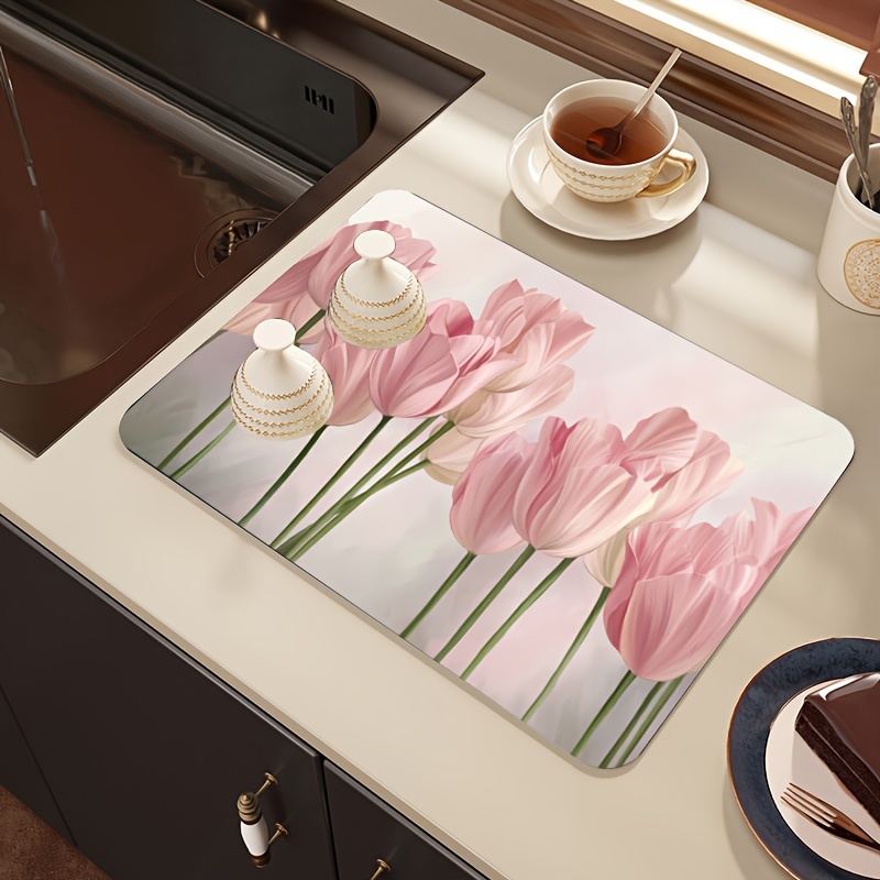 

1pc, Drain Pad, Tulip Pattern Diatomaceous Draining Mat (23.62''x15.75'' / 60cm*40cm), Thickened Polyester, Waterproof, Heat-resistant, Absorbent Coffee Machine Mat For Kitchen, Bar, Tabletop