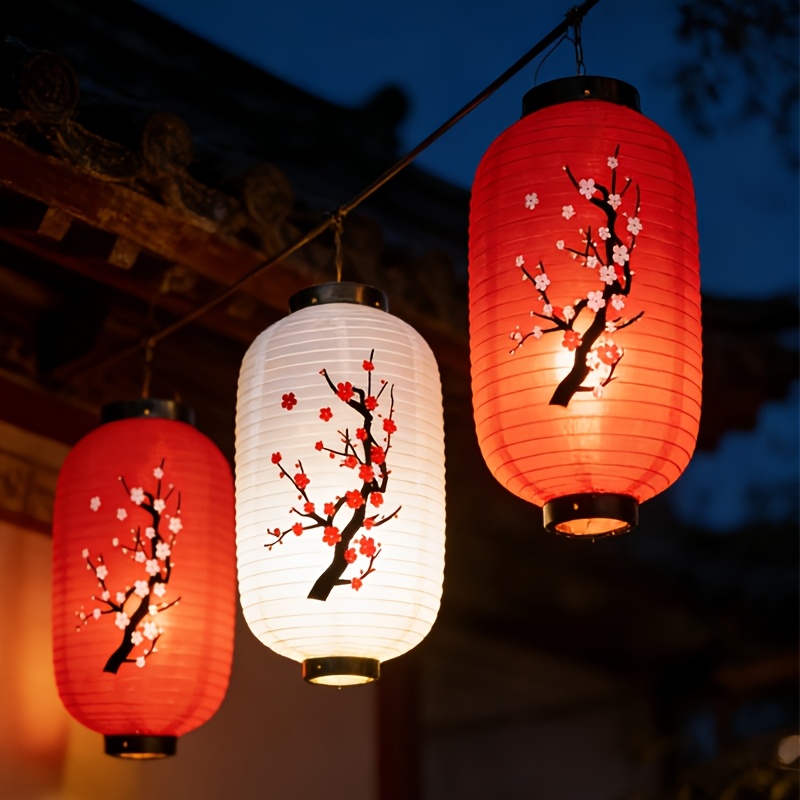 Image of Japanese-style Plum Long Lanterns, 3pcs Set, Traditional Chinese Hanging Lanterns For Spring Festival / Outdoor Courtyard / Holiday Party Decorations
