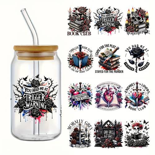 4pcs set book club themed uv dtf cup wrap decal printing self stickers suitable for mugs water bottles and cups dtf transfer stickers suitable for 16 ounce glass jar wrapping 3d crystal labels and scratch resistant diy wrapping