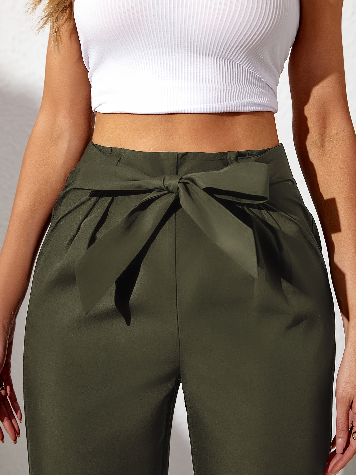 plus size solid straight leg pants elegant bow elastic - Temu