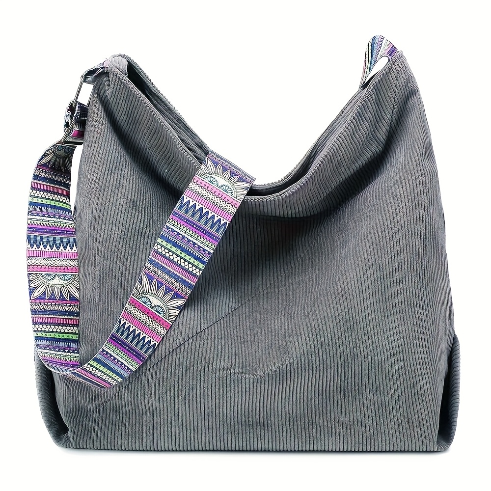 Chic Corduroy Tote Bag For Women - Large Capacity, Fashionable Designer Shoulder & Crossbody Handbag With Ethnic Print Strap, Perfect For Shopping And Everyday Use