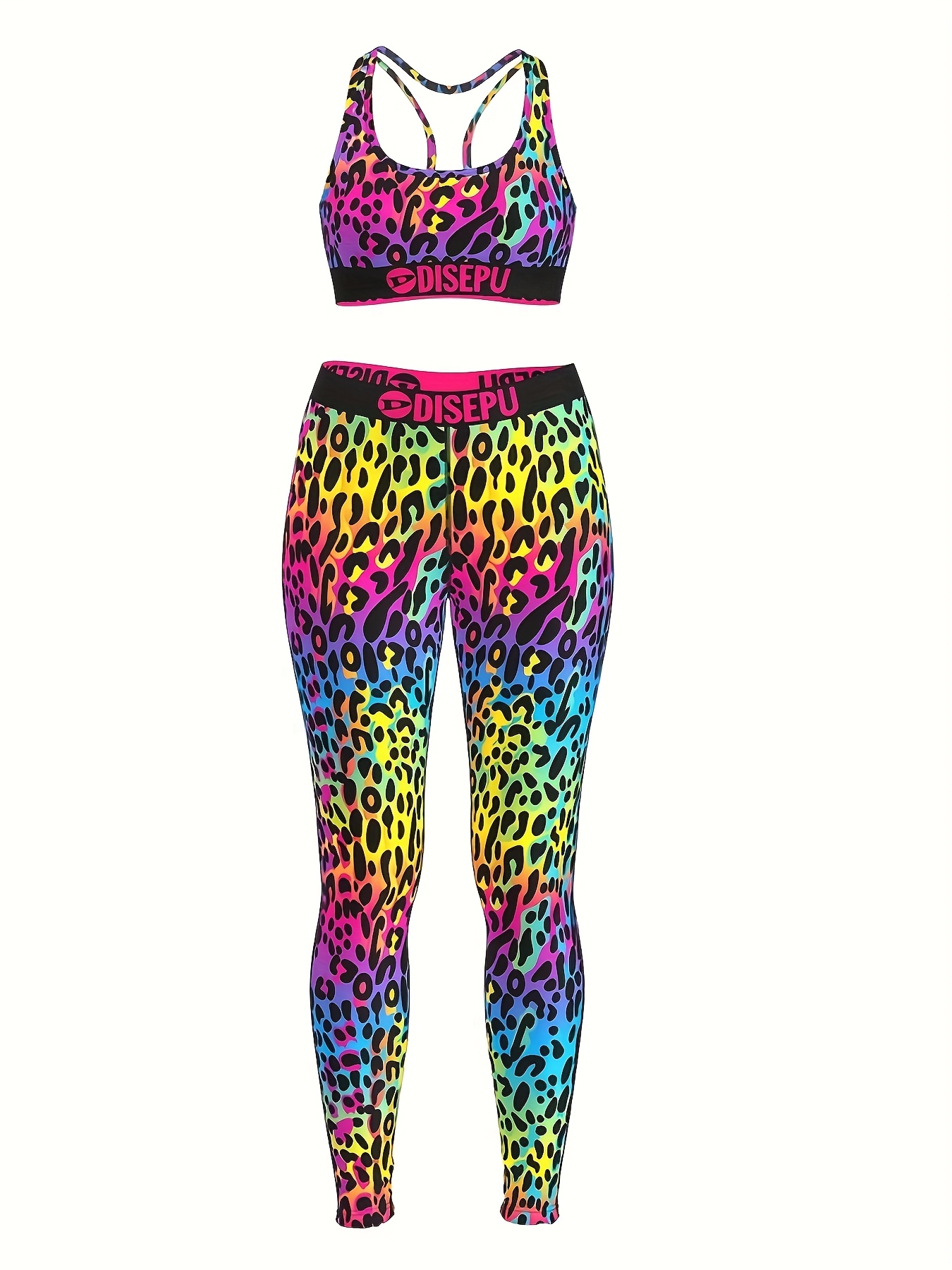 Women's Fashionable High-Stretch Breathable Comfortable Sports Bra and Pants Set with Colorful Leopard Print, Polka Dot