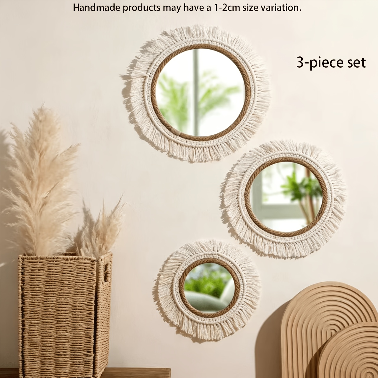 Image of 3pcs Set, Bohemian Style, Tassel Knot Round Hanging Mirror, Hand- Home Wall Decorative Mirror