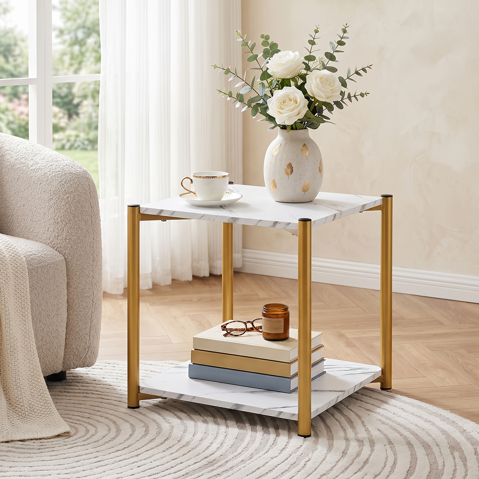 Square Side Table, Steel Wood White Table, Double Layer Storage Shelf, Strong Bearing, Marble Texture, 40x40cm Square Size, For Living Room Bedroom Small Space