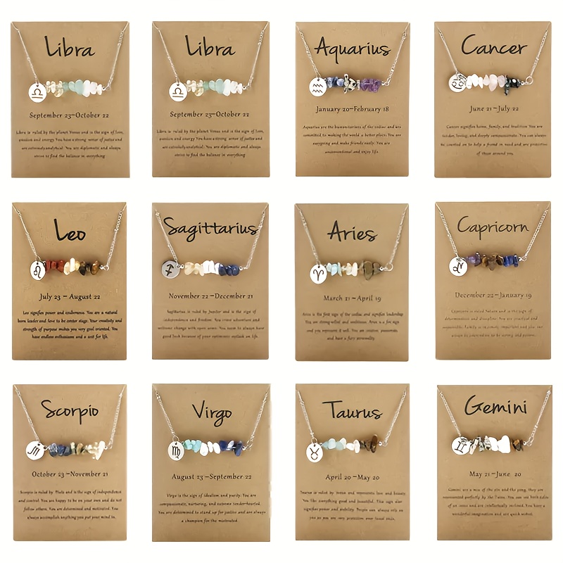 

12 Zodiac Birthstone Necklaces Set, & , Natural Stone Beaded Stainless Steel Pendant, Fashionable Women's Jewelry For & Party, Includes Gift Card - All Compatible