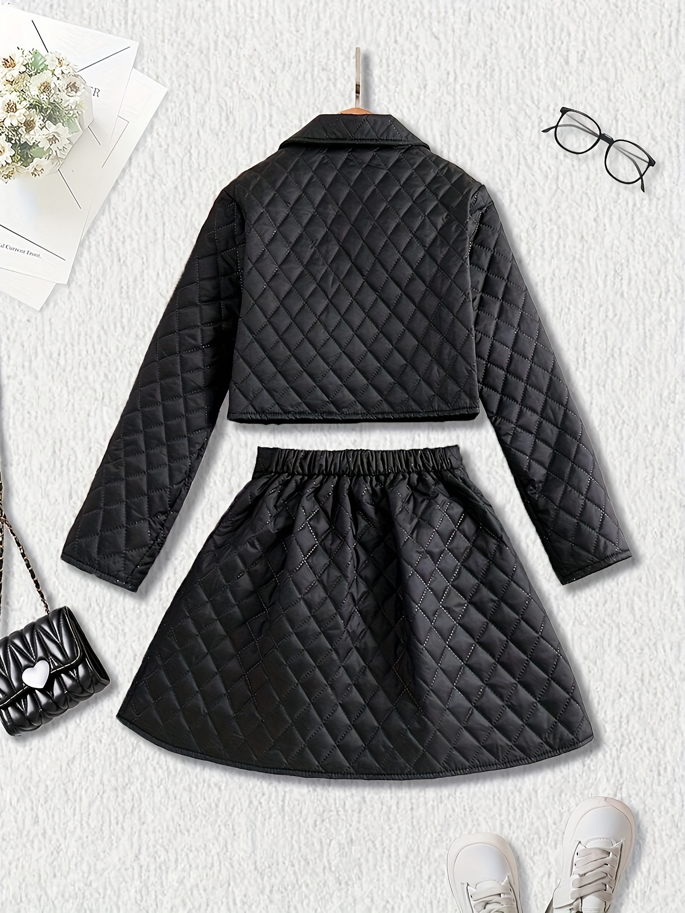 Girls' Padded Coat Set with Button-Up Jacket and Skirt
