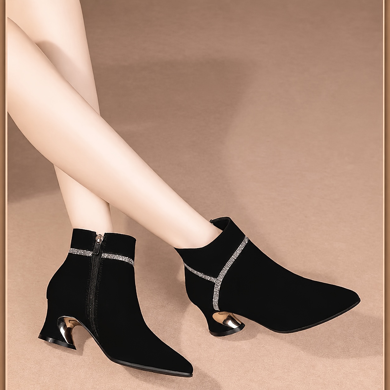 TEMU Women's Pointed Short Boots, Fashionable Easy Design With Rhinestone Embellishment, High Heels, Versatile Temperament For And Casual Wear,