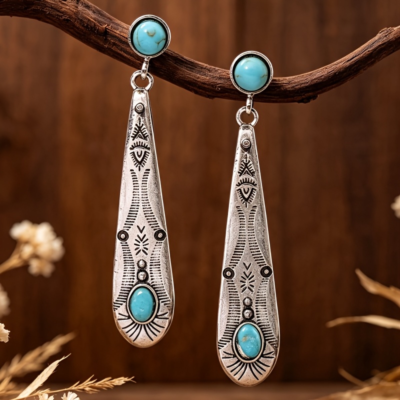 TEMU Pair Of Ethnic Western Style Long Drop Shaped Carved Texture Inlaid Synthetic Alloy Earrings