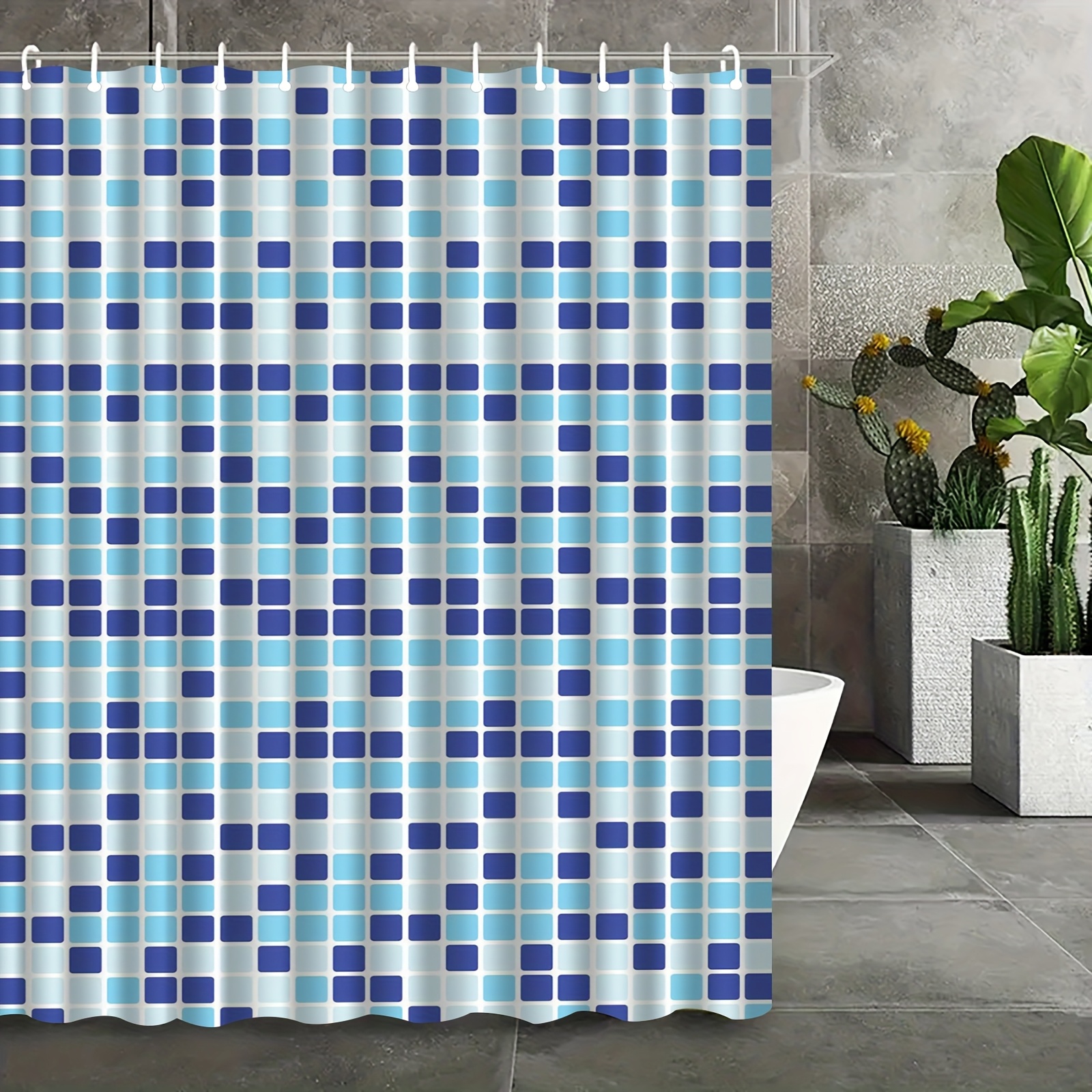 Blue and White Square Pattern Shower Curtain with Hooks, Washable