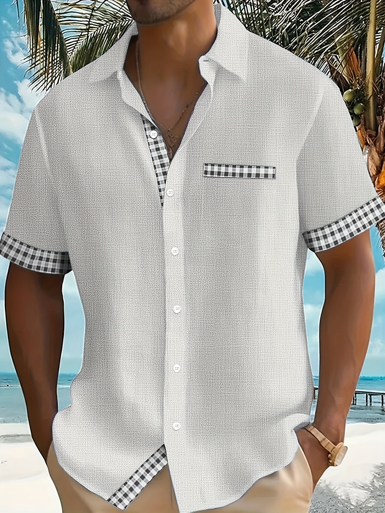 Men's Casual Short Sleeve Shirt with Plaid Print & Tropical Palm Tree Graphic - Breathable Button-Up Shirt with Pockets, Machine Washable Summer Shirt for Beach & Casual Outings, PLUS SIZE