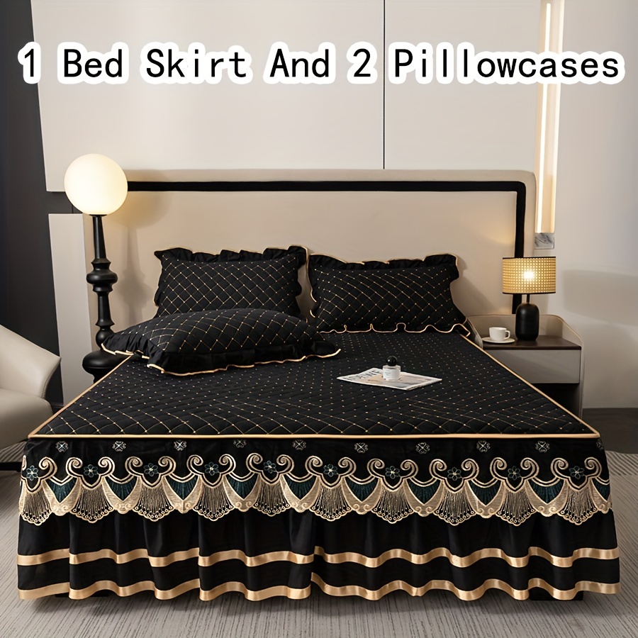 3pcs Bed Skirt Set Solid Color Quilted Thickened Lace Decoration [1 Bed  Skirt Pillowcases], No Pillows Lace, Fashionable And Beautiful, The 