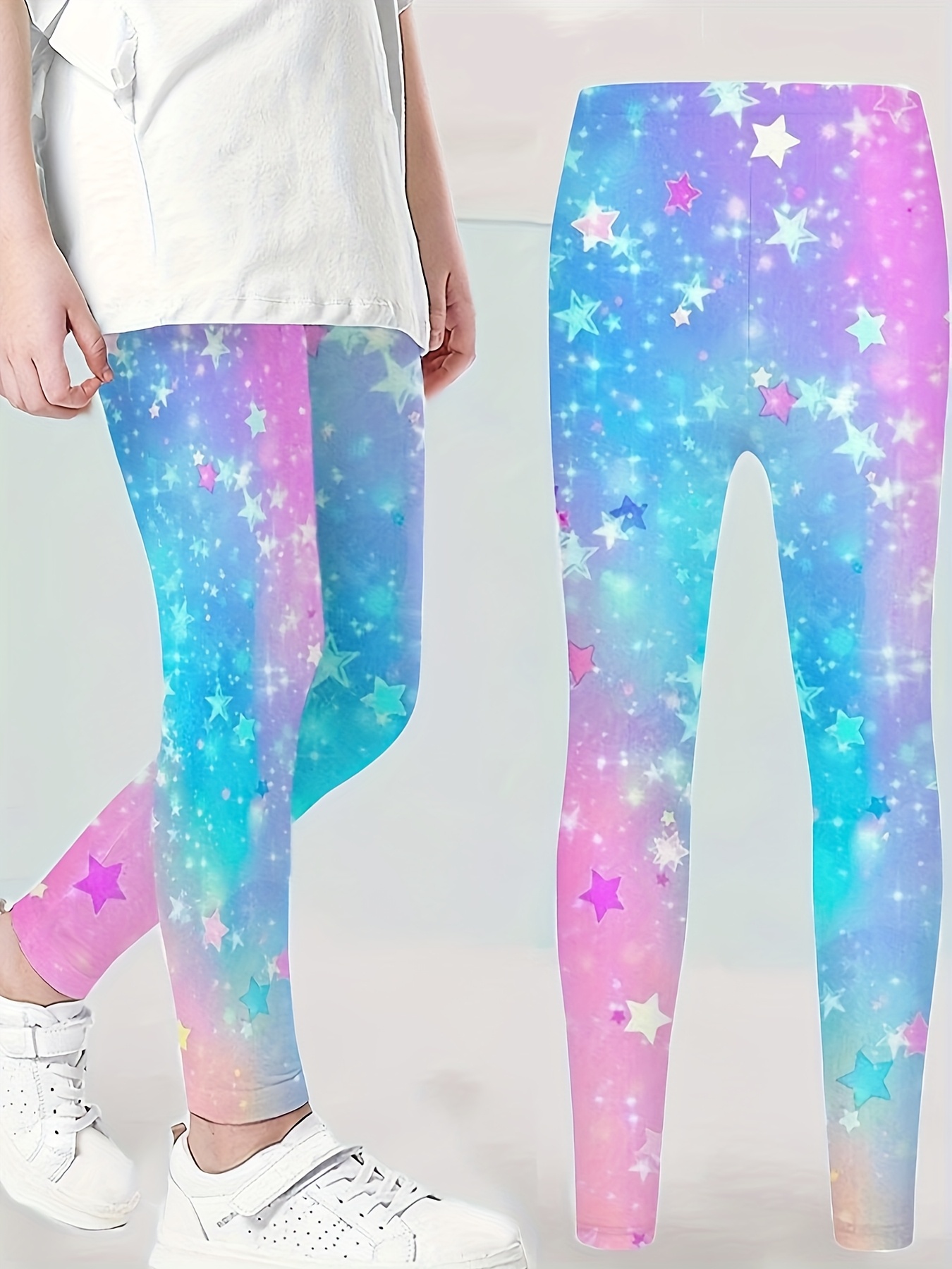 3pcs Girls' Glittery Gradient Leggings - Soft & Breathable 3D Star Print Casual Pants in Teal, Purple & Blue - Machine Washable, All-Season Comfort - Perfect for Parties, Gifts & Casual Attire, Comfortable Fit, Cute Pants
