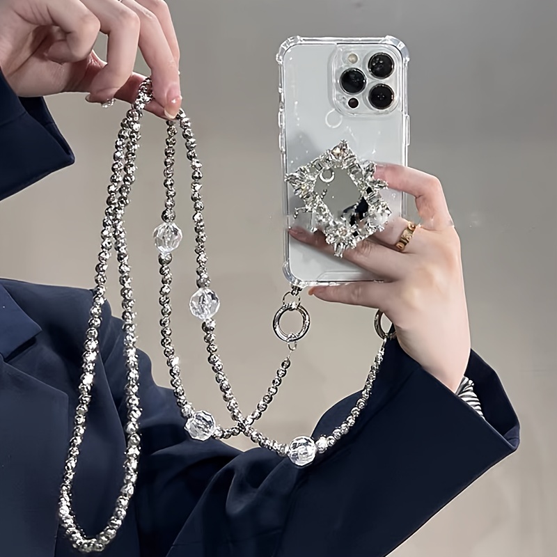 

Luxury Rhinestone Square Mirror Holder With Long Hanging Rope Mobile Phone Lanyard Mobile Phone Chain