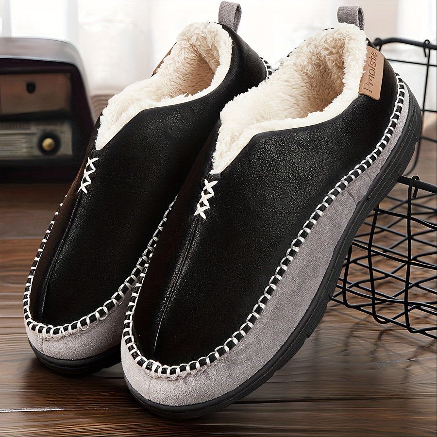 

Fuzzy Home Slippers For Men, Comfy Plus Fleece Memory Foam Indoor Shoes, Winter Casual Warm Slip On Home Shoes