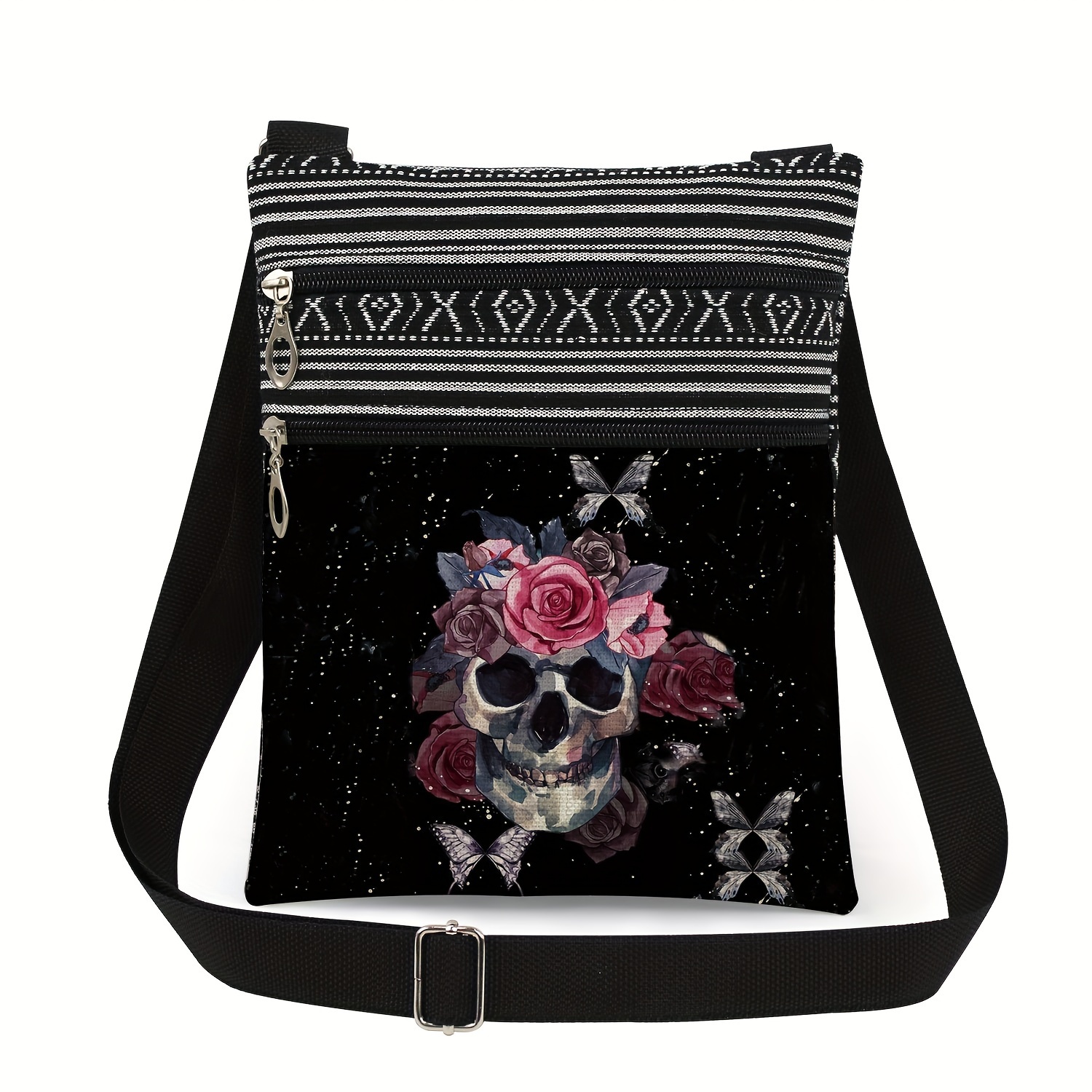 Chic Floral Skull Print Crossbody Bag For Women - Perfect Halloween Gift, Casual Travel Shoulder Purse With Zip Closure, Storage Bag