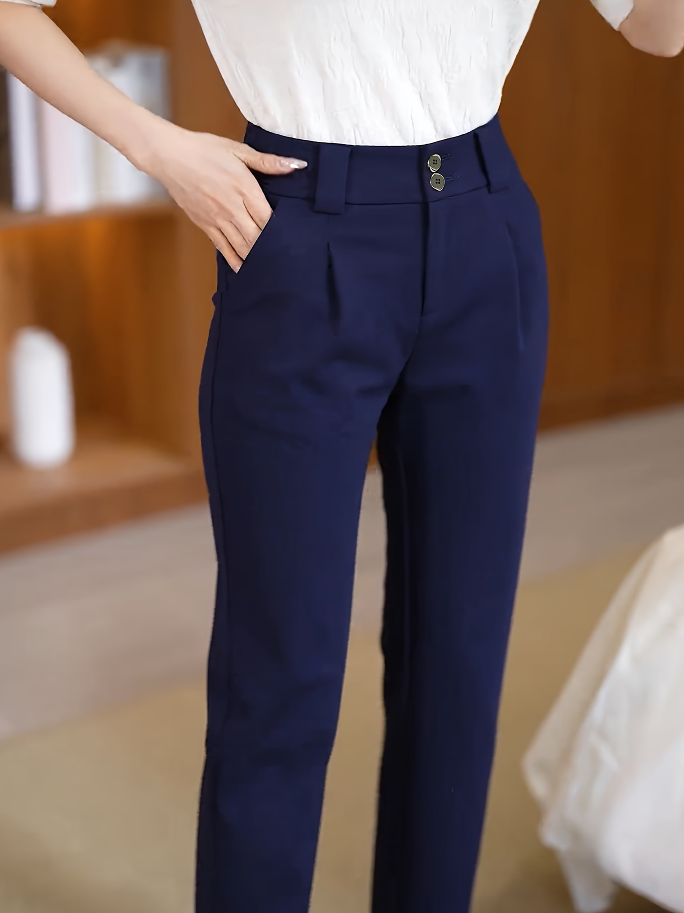 Women's High-Waisted Stretch Pants Elegant Office Formal Trousers,  Stretchy Professional Work Pants for Business, Navy Blue, Machine Washable 