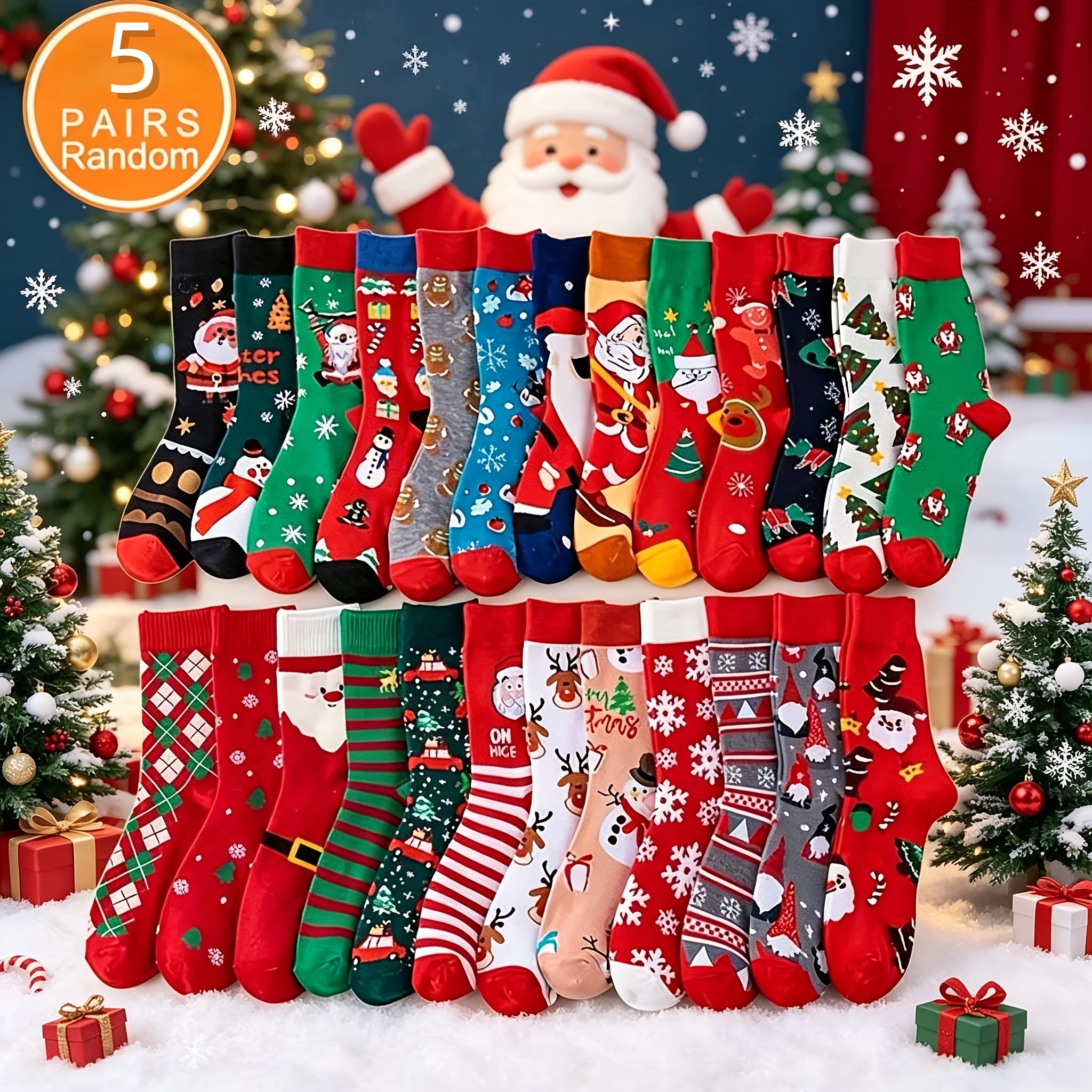 TEMU Random 5 Pairs Christmas Cartoon Mid-calf Socks