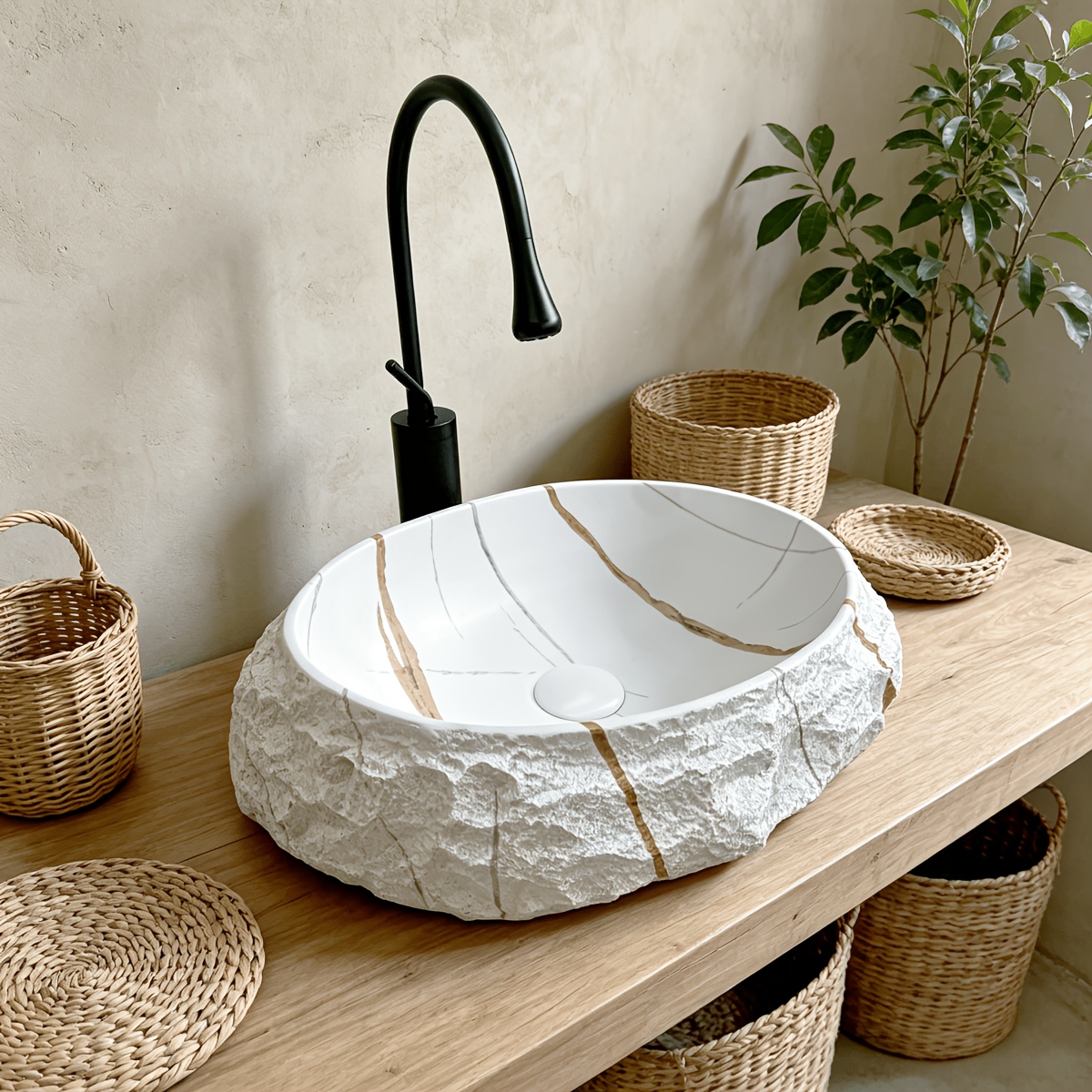 1pc Lauren Platinum Stone Textured Artificial Stone Washbasin, Sink, Art Basin, Decorative Basin, Single Basin, with Drain And Anti-Odor Drain Pipe, Easy to Install on The Countertop, Suitable for Home, Hotel, Balcony, Outdoor Use