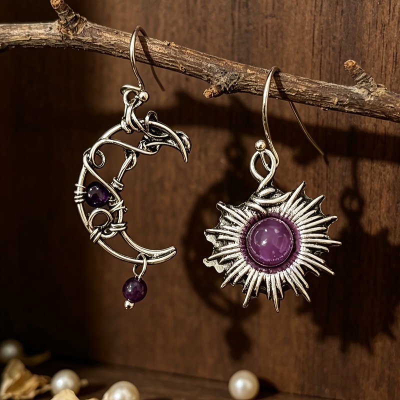TEMU Un par de aretes góticos asimétricos de cuerda manual de sol y luna con incrustación de resina , hechos de aleación de