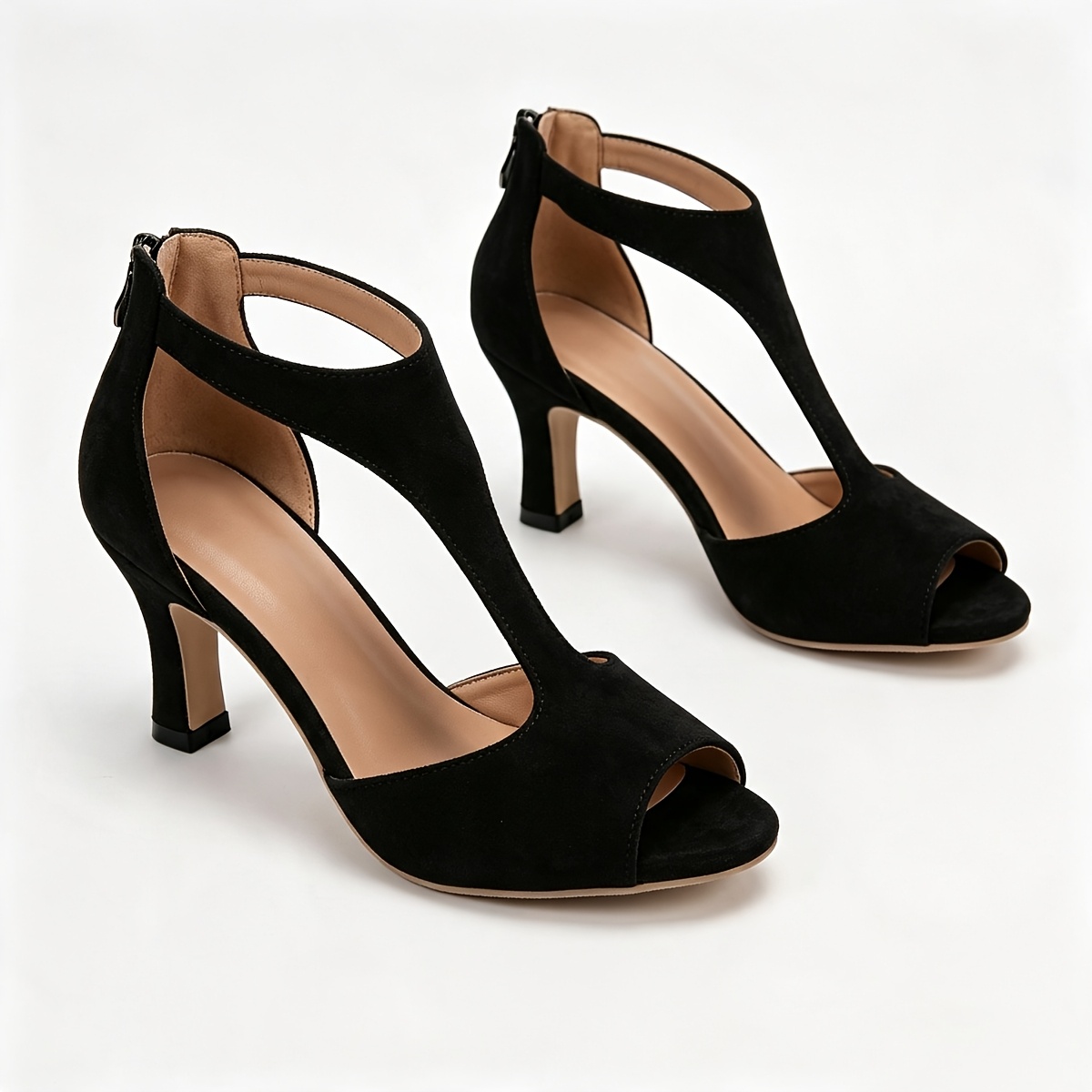 TEMU Sandales Romaines pour Femmes avec Fermeture Zippée Arrière, Talons Carrés et Bride de Cheville, Tige en Tissu Noir avec Accents Dorés, Semelles