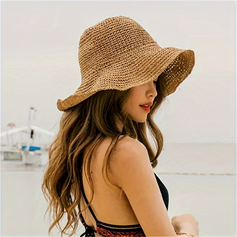 Temu Solid Color Wide Brim Weaving Fishing Hat Casual Bowknot Sun