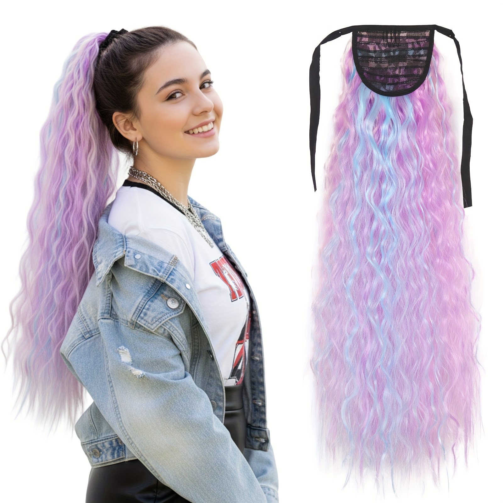 TEMU Mixed Color Long Curly Wavy Ponytail Extension 24inch Synthetic Fake Hairpiece, Heat-resistant, Deep Wavy Drawstring Ponytail Hairpiece, Women's