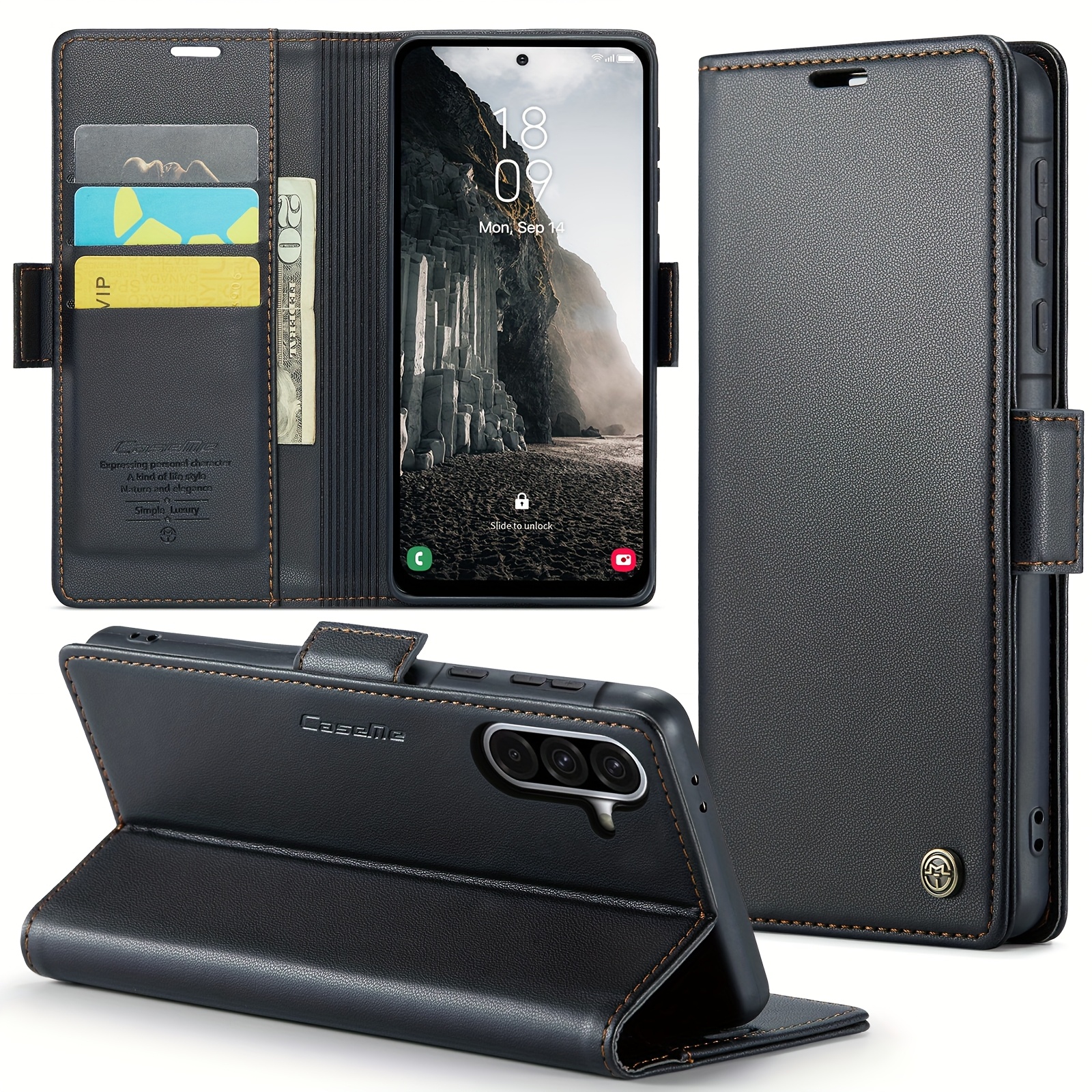 TEMU Premium Leather Wallet Case For A06, A16, A26, A36, And A56, Featuring Rfid Protection, A Magnetic Card Holder, And A Stand Function.
