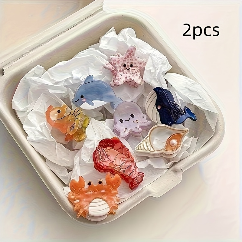TEMU 2pcs Random Adorable Ocean Animal-shaped Acetate Mini Hair Clips Featuring Designs Such As , Whales, Starfish, Octopuses, , Crabs, And Shells,
