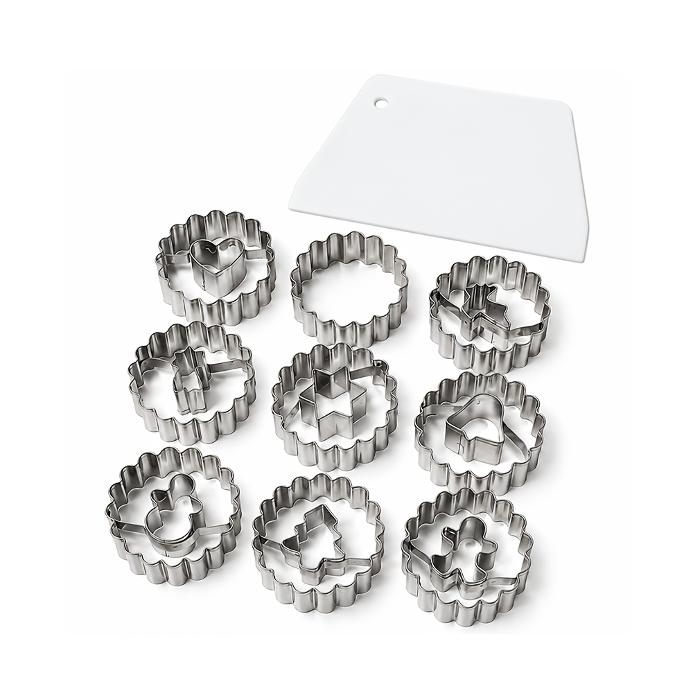 TEMU 9 Stainless Steel Cookie Cutters And 1 Dough Scraper, Flower Round Christmas Tree Gingerbread Shapes, Biscuit Fondant Pastry Molds For Baking