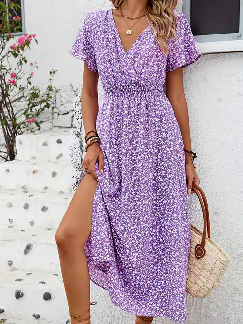 chic v neck floral print maxi dress with sleeves and thigh split elegant spring summer fitted dress for women sleeveless design casual or stylish outfits stylish summer wear dress flowy silhouette floral print dress
