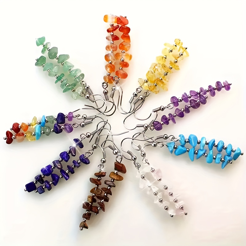 TEMU 9 Pairs Chic Colorful Natural Stone Tassel Earrings -boho Gemstone Earrings Unique Irregular Design With Vibrant Synthetic Accents, Stainless
