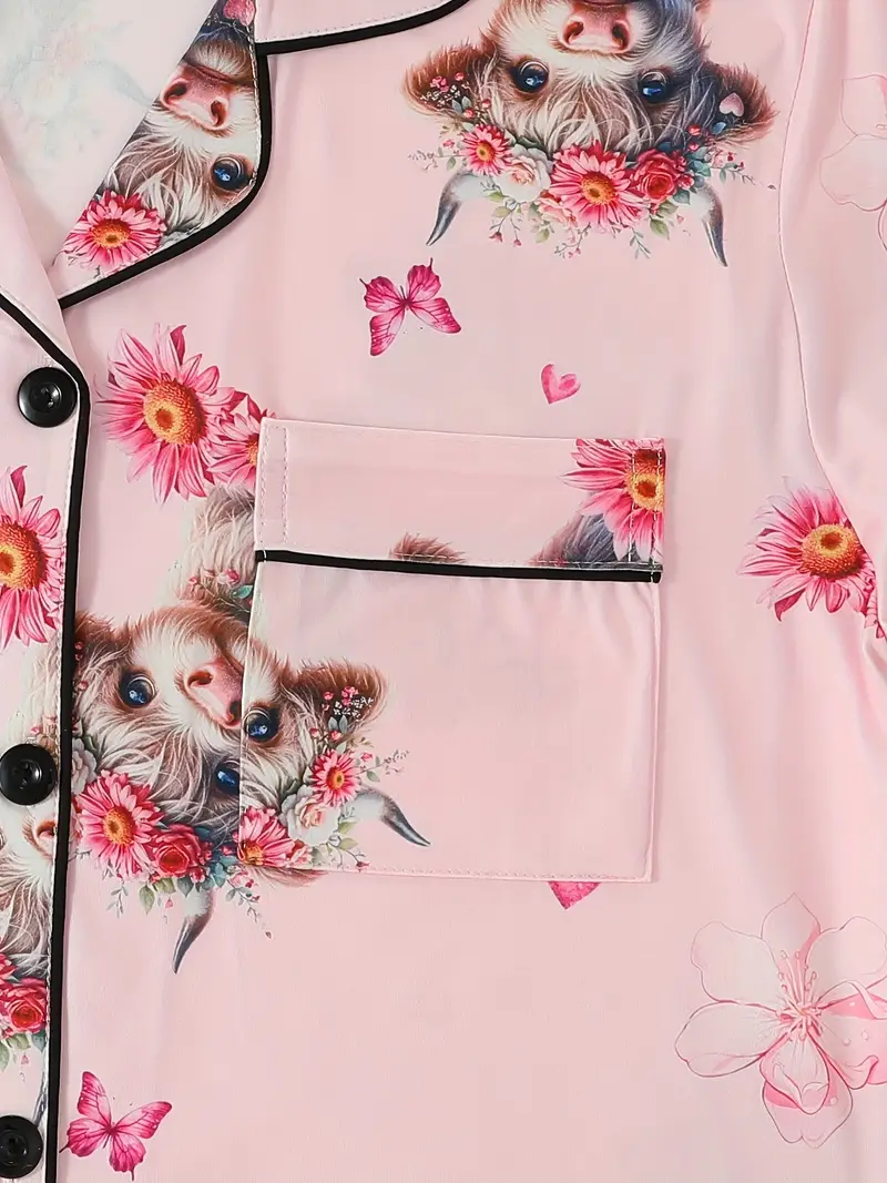 a set of three pink floral print pajamas for women featuring a comfortable long sleeve button up shirt and loose elastic shorts and pants casual outdoor wear and home lounging in Product details 6