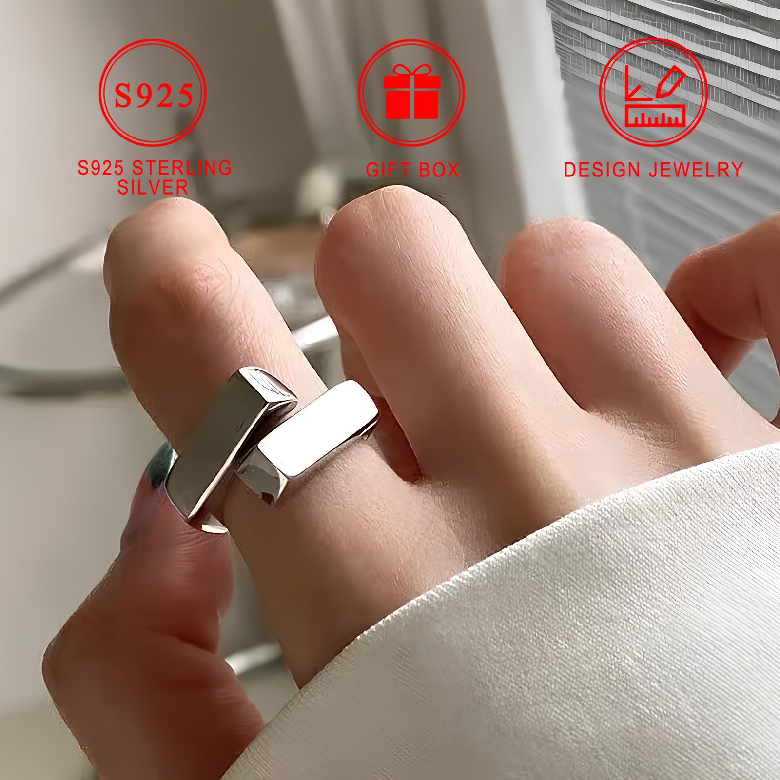 

925 Sterling Silver Unisex Ring Geometric Unique Design Smooth Wide Finger Ring Daily Party Wear Jewelry Gift With Gift Box