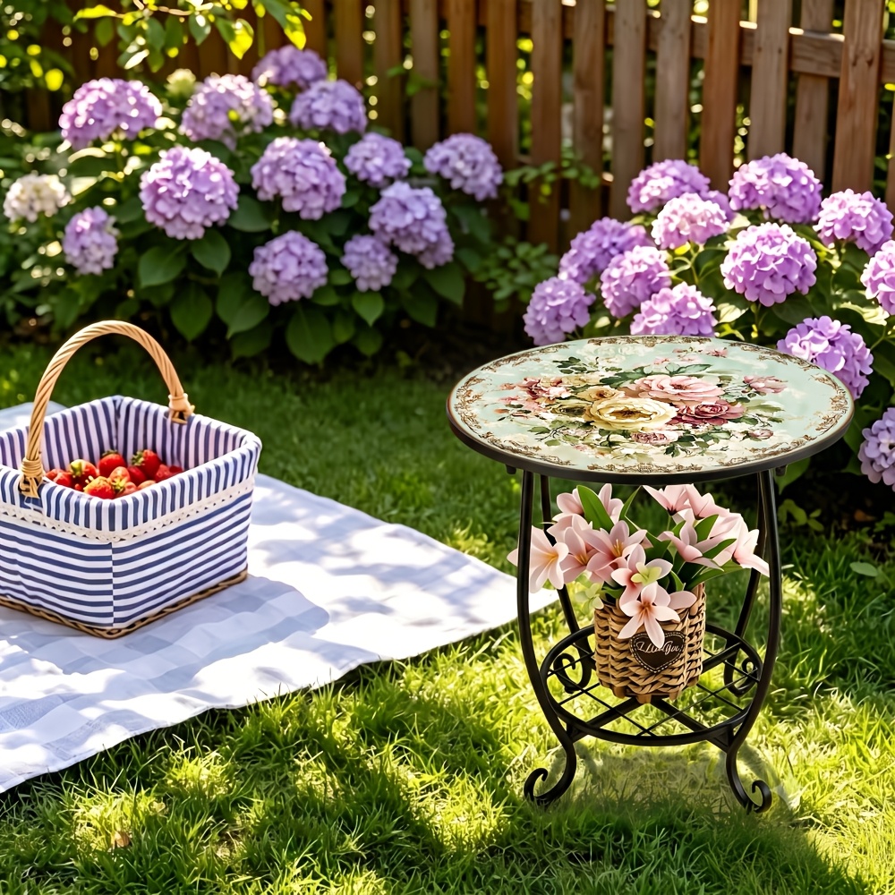 TEMU 1pc 2-tier Retro Floral Print Iron Plant Stand, Round Top Metal Side Table, Grid Storage Layer With Curved Legs, Sturdy Rustproof, For Balcony,