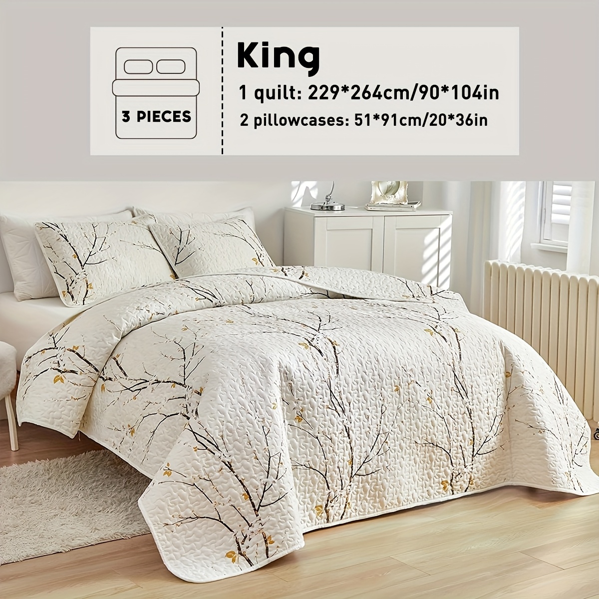 TEMU 2/3pcs Plum White Quilt Set - King Size Reversible Quilt Bedding Set, Lightweight Bedspread, Soft Botanical Bed Coverlet Set With 1/2 Pillow Shams For All