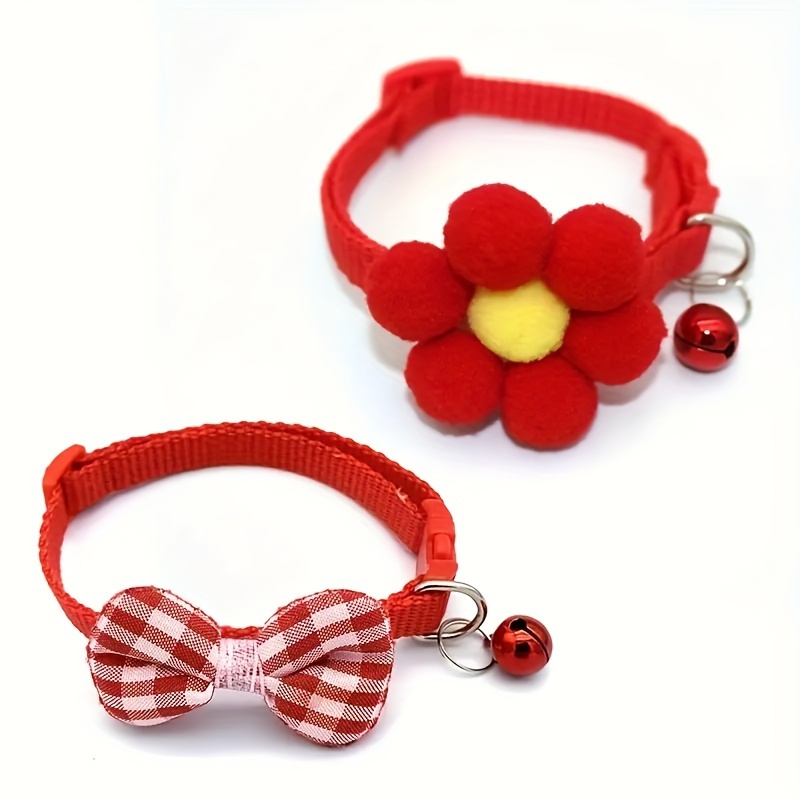 TEMU 2pcs Adjustable Cute Cat Collars With Bow Tie & Flower, Polyester Pet Necklaces With Bells For Small Dogs And Cats