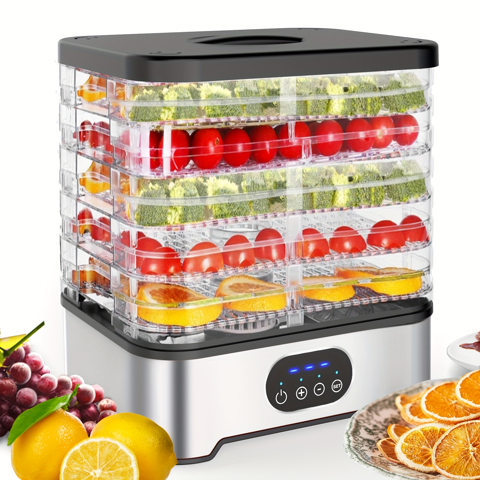 uk food dehydrator   with 5 trays food dryer for jerky fruits herbs vegetables   etc electric food preserver with 1 72 hour timer temperature control fan   temperature display stainless steel material Product details 0