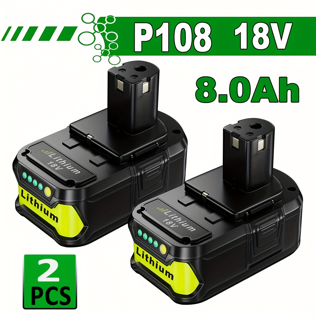 TEMU 8.0ah 18v 2 Pack P108 Replacement Battery For Ryobi 18 Volt 8000mah High Capacity Batteries Replace For Ryobi 18v P104 P105 P107 P108 P109