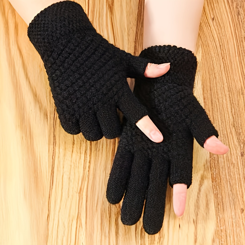 TEMU Reverse Needle Pineapple 2 Half-finger Men's And Women's Winter Touch Screen Gloves Warm Lamb Fleece Knitted Gloves Elastic Cuffs Winter Typing