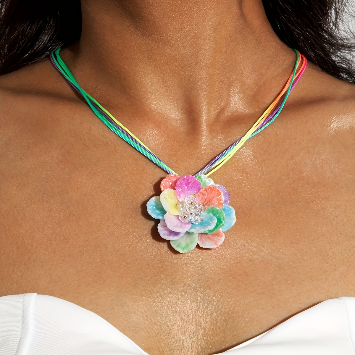 1pc Fashionable, , And Versatile Dopamine-colored Transparent Glass Bead Resin Flower Pendant Women's Necklace, Suitable For Daily Wear, Gatherings, Balls, And Parties
