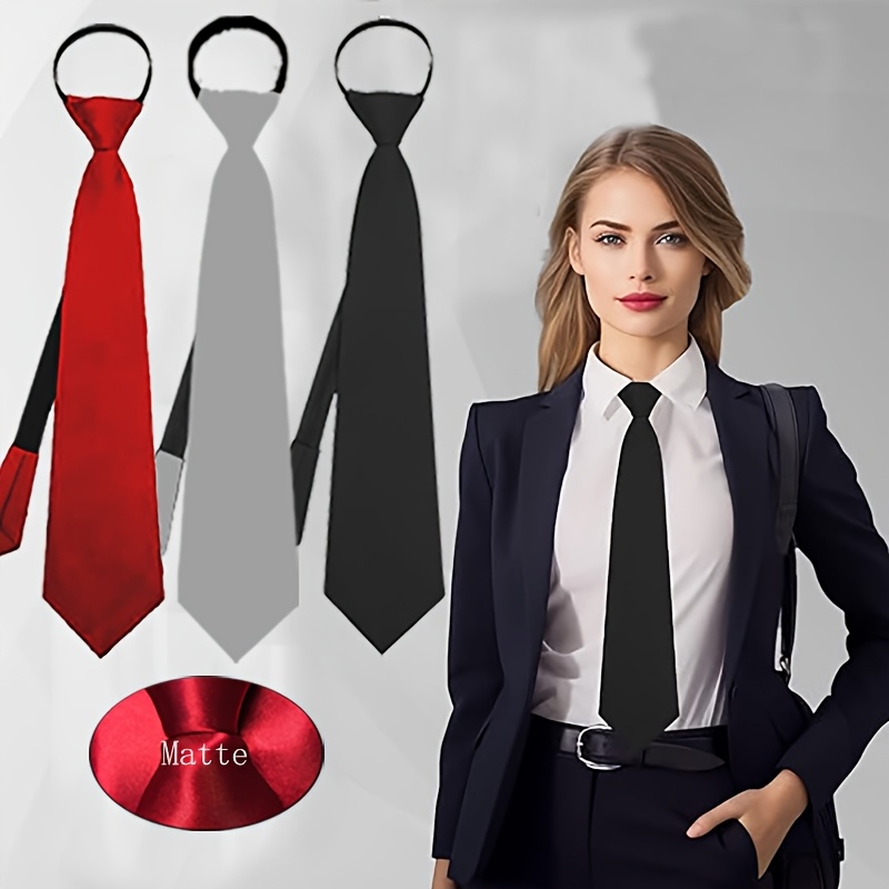 

3pcs Elegant Women's Zipper Ties, Pre-tied Adjustable Polyester Neckties, Woven Office Work Attire, Formal Matte ,