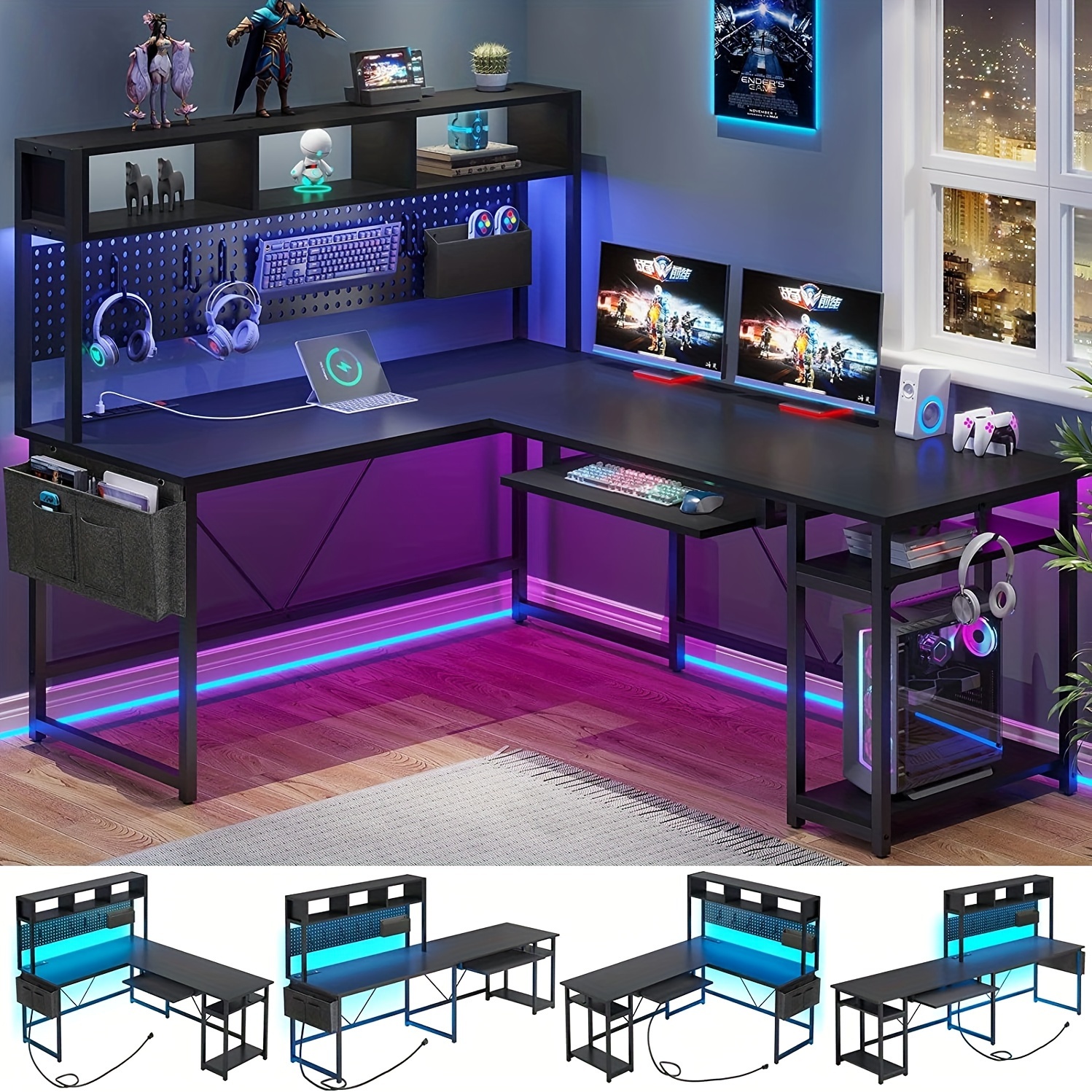 

Shaped Computer Desk With Usb Port Power Outlet And Pegboard, Gaming Desk With Led Lights And Storage Shelves, Keyboard Tray And Storage Bag For Home Office