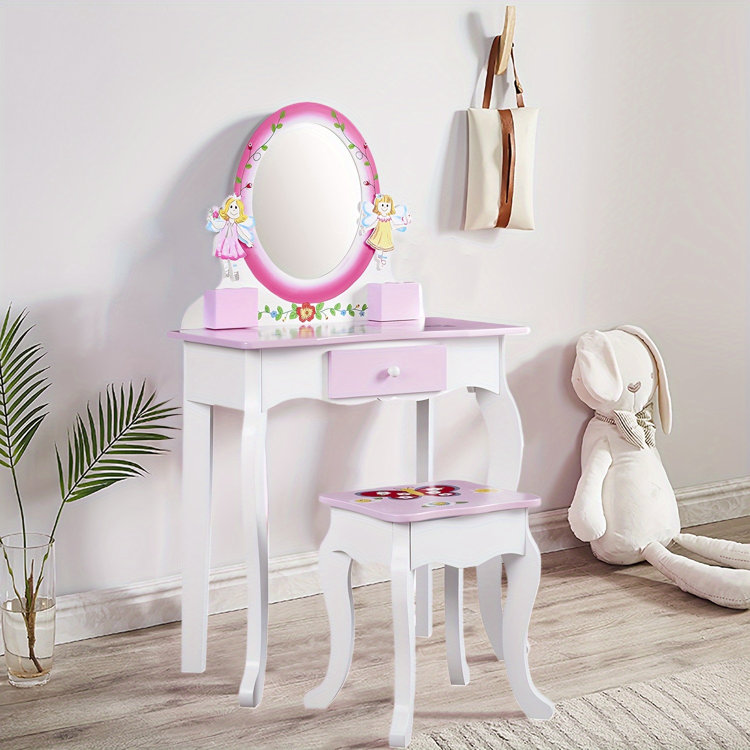 Kids Vanity Set - Princess Deluxe Vanity Table Set 2-in-1 Wooden Writing Desk & Stool, Mirror & Drawer, Perfect for Kids' Pretend Play, Developing Creativity And Fine Motor Skills, Durable Construction, Easy to Assemble, Best for Girls Christmas Gift