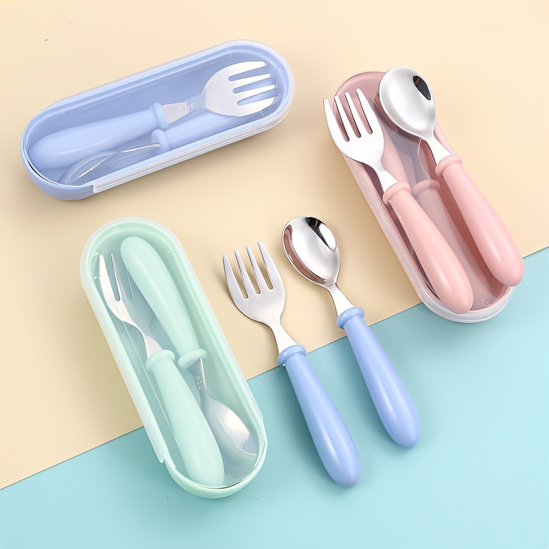 

2-piece Stainless Steel Cartoon Cutlery Set With Round Handles - Portable Fork & Spoon Combo, Perfect For School, Outdoor Use & Back To School Gifts