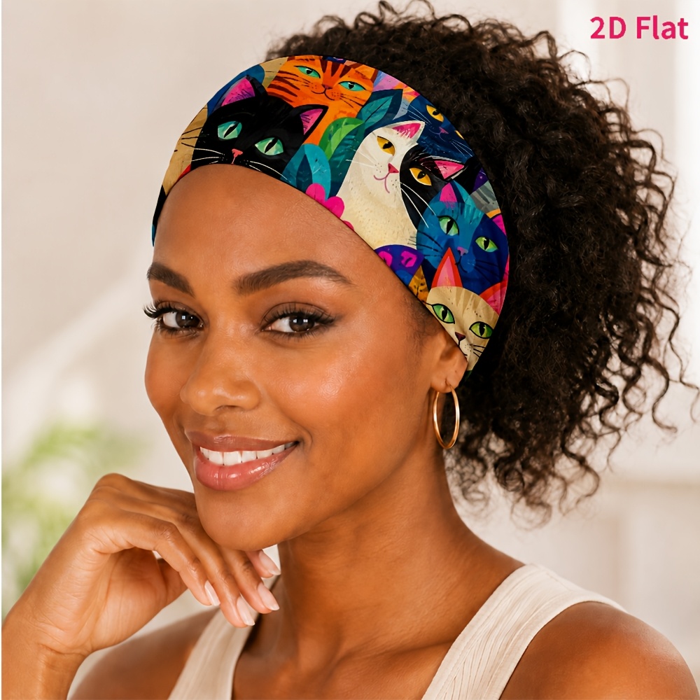 TEMU 2d Flat 1pc New Style Hair Band, Multicolor Cat And Floral Print Pattern, Suitable For Yoga/fitness/daily Commute/skincare, Photo /outing,