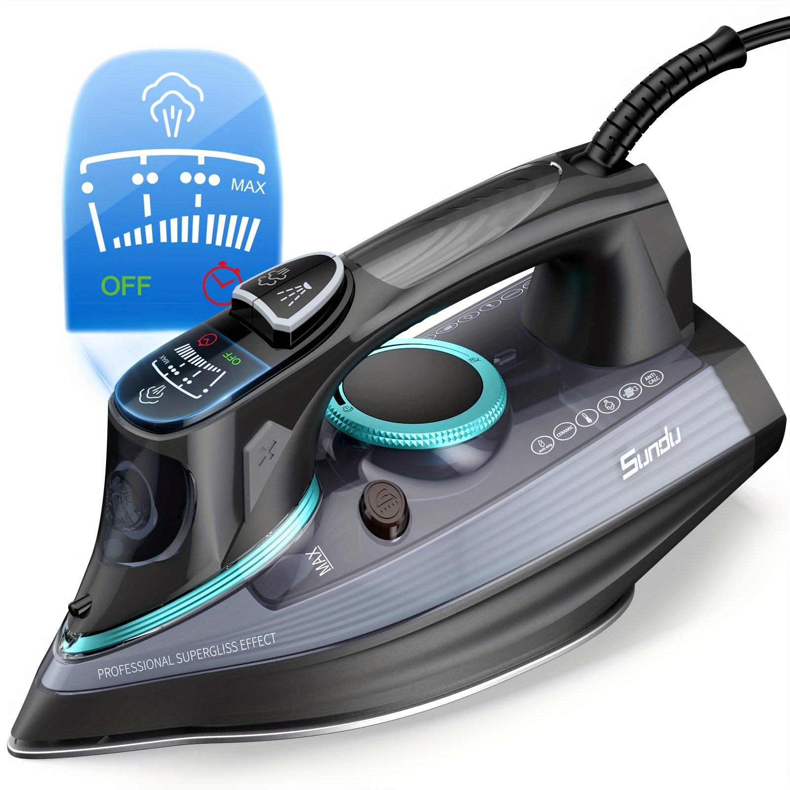 

1700-watt Steam Iron With Digital Led Screen, Ceramic Coated Soleplate, Anti-drip, Self-clean, 3-way Auto-off Portable Iron With 4 Preset Steam&temp Setting For Variable Fabric, 300ml Water Tank