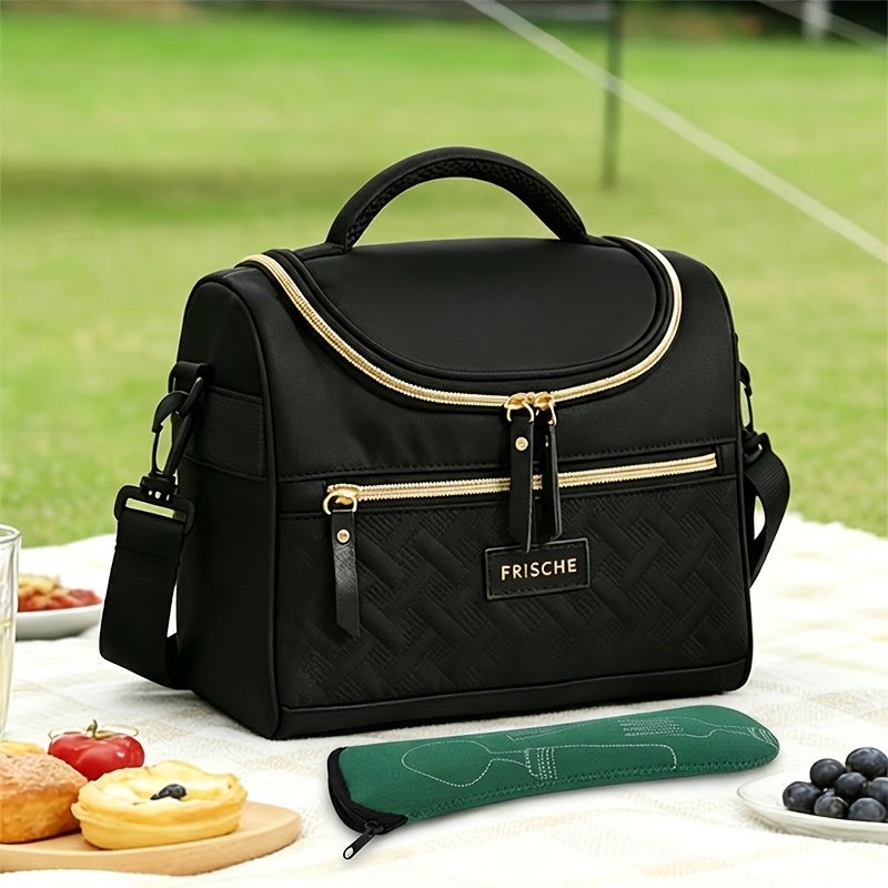 TEMU 2pcs Portable Stylish Outdoor Refrigerated Bag Set, With Curved Lid Design Picnic Bag And Utensil Storage Bag, Durable Lunch Bag With Adjustable
