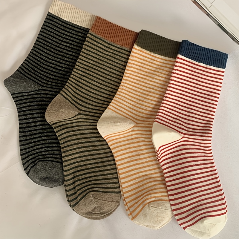 Image of 4 Pairs Of Striped Colorful Mid-calf Women's Socks