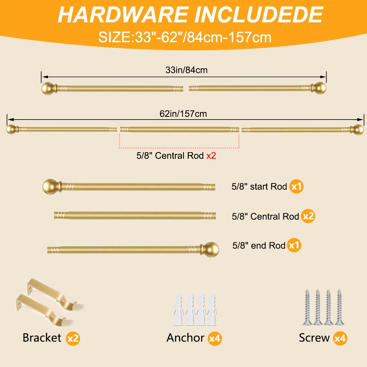 TEMU Ensemble de tringle à rideau, tringle à rideau dorée à épissure simple pour fenêtre avec supports, pour salle de bain, chambre, salon, terrasse
