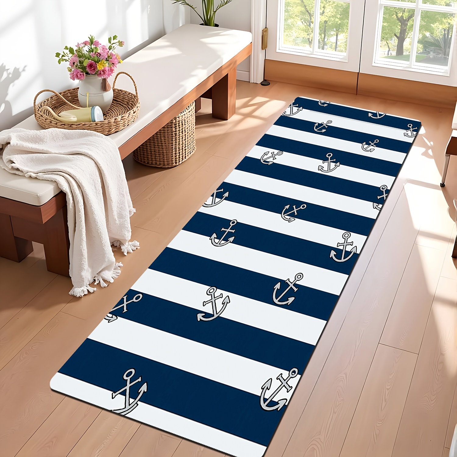 TEMU 1pc Nautical Anchor & Blue/white Striped Carpet - Maritime Nautical Long Runner Rug Suitable For Hallway, Entryway, Farmhouse, Small Spaces -